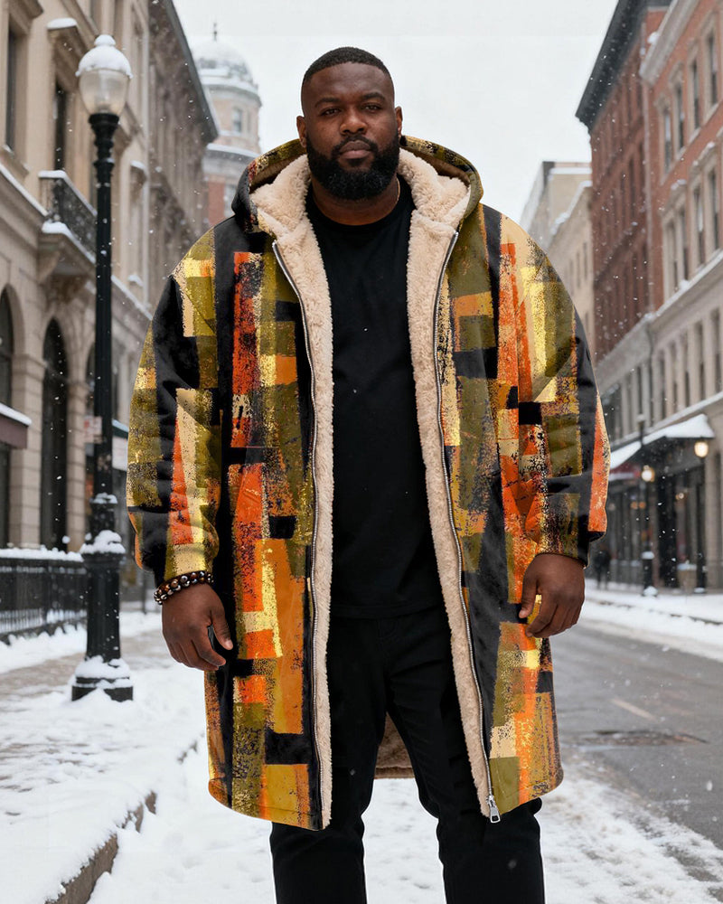 Big & Tall Men's Golden Brown Black Geometric Abstract Texture Printed Velvet Padded Long Hooded Coat