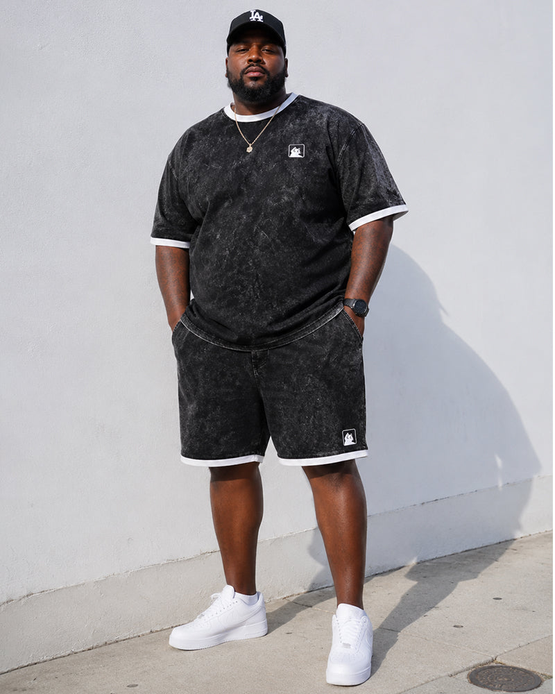Big & Tall Men's Black And White Rib Edge Small Label Printed Crewneck Short Sleeve T-shirt Shorts Set