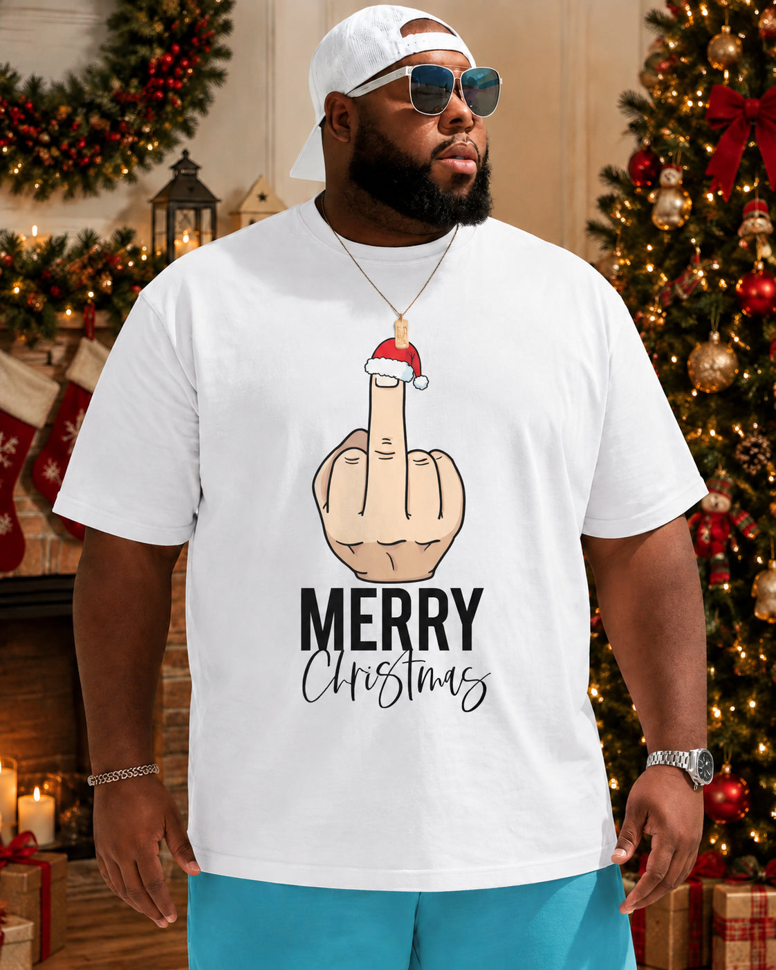 Big & Tall Men's Fun Christmas Fingerprint Art Cotton T-Shirt