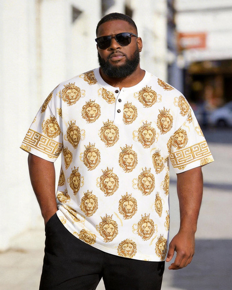 Big & Tall Men's White Gold Lion Print Henry Collar Button Short Sleeve T-Shirt