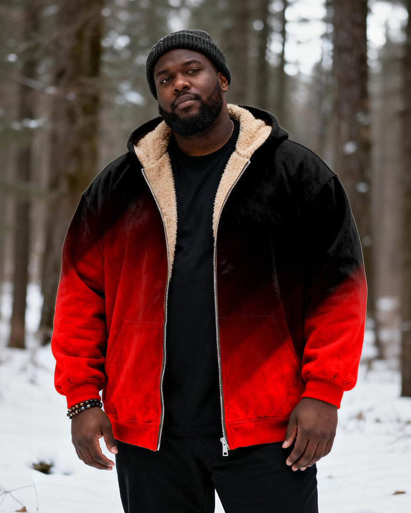Big & Tall Men's Black And Red Gradient Print Velvet Thickened Zip Cardigan Hoodie