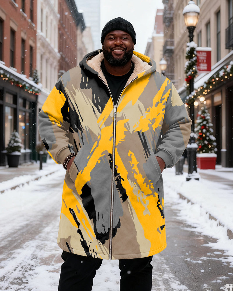 Big & Tall Men's Yellow Gray And Black Graffiti Printed Velvet Padded Long Hooded Coat