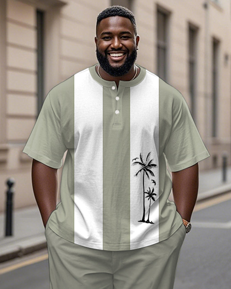 Men's Plus Size Green And White Colorblock Coconut Tree Print Henry Collar T-shirt Trousers Suit