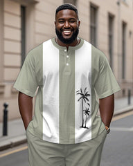 Men's Plus Size Green And White Colorblock Coconut Tree Print Henry Collar T-shirt Trousers Suit