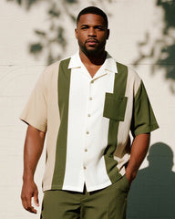 Big & Tall Men's Business Green Colorblock Striped Print Pocket Short Sleeve Shirt Pants Suit