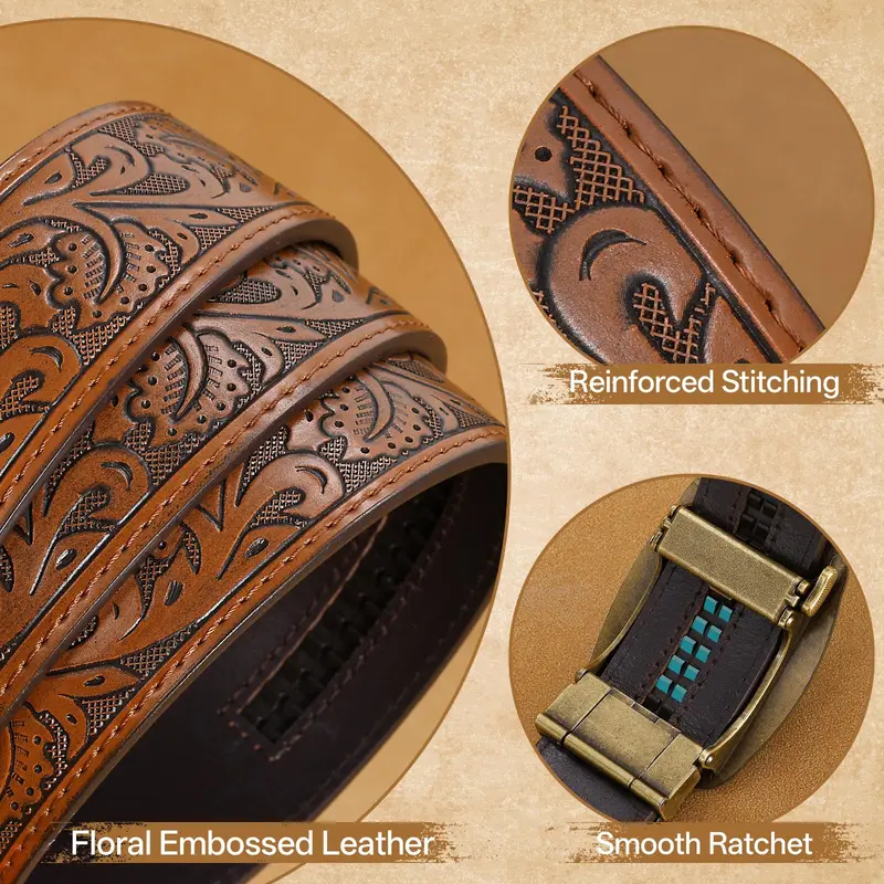 Unisex Western Cow Hide Embossed Leather Ratchet Belt with Automatic Buckle