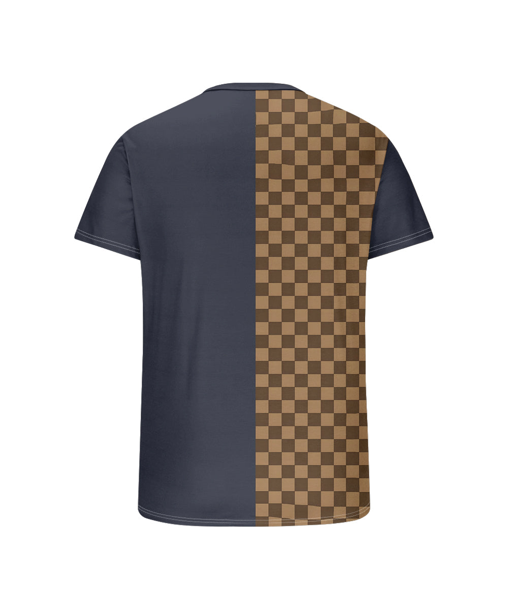 Men's Plus Size Daily Casual Blue Stitching Brown Plaid Letter Print Henry Collar Button Short Sleeve T-Shirt