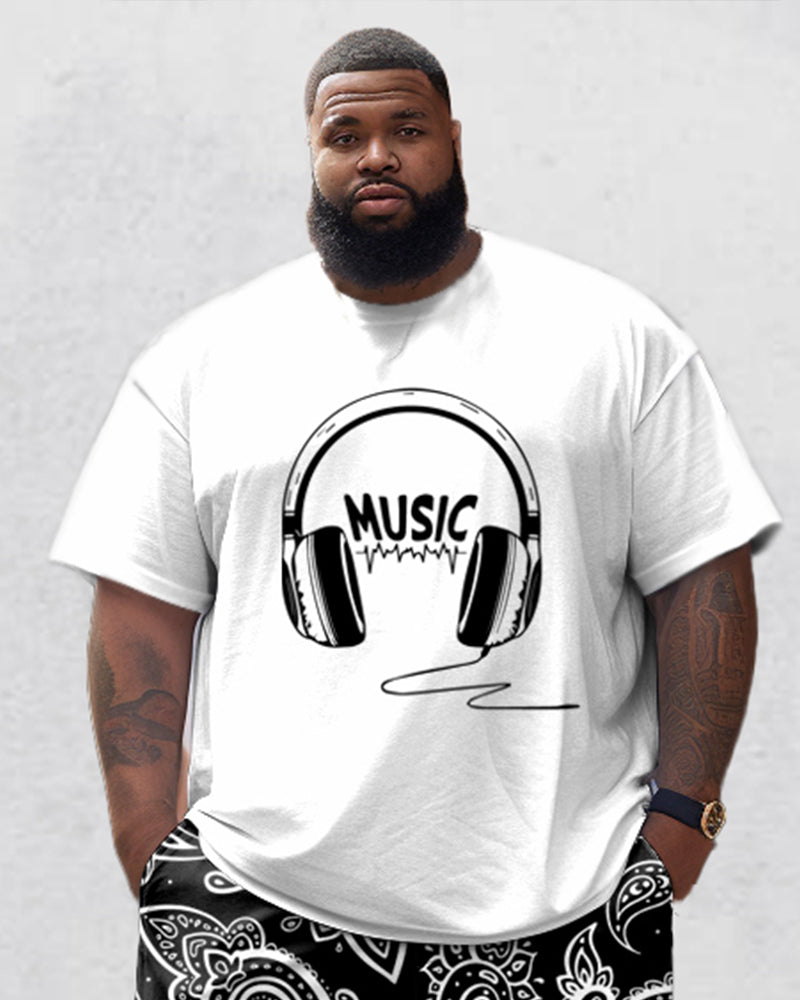 Men's Plus Size Casual Headset Cashew Flower Pattern Printed T-Shirt Shorts Set