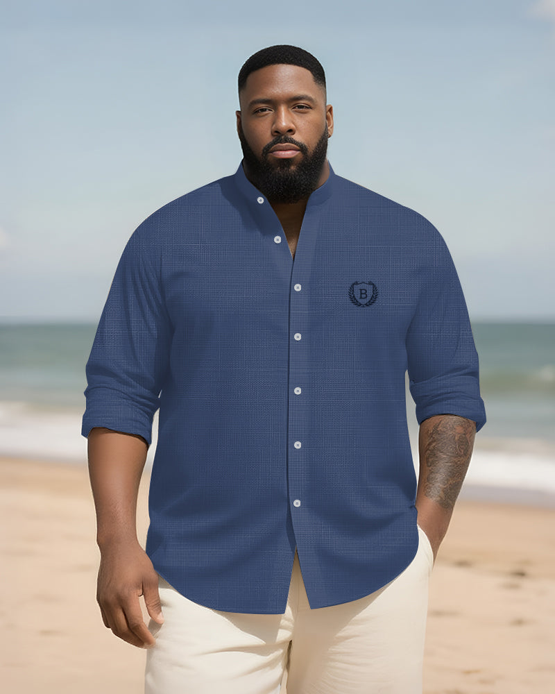 Big & Tall Men's Everyday College Style B Letter Icon Bamboo Hemp Texture Stand-up Collar Long Sleeve Shirt