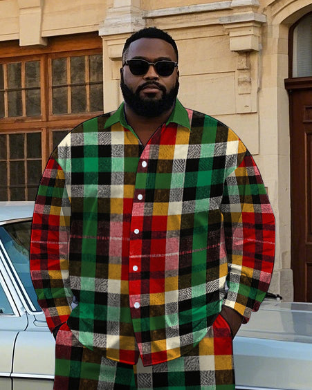 Big Men's Daily Casual Colorful Plaid All Over Printed Long Sleeve Shirt Pants Set