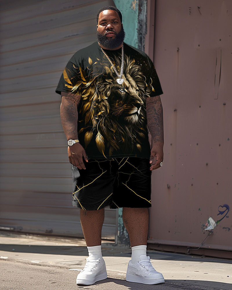 Men's Plus Size Street Casual Golden Painting Lion Print T-Shirt Shorts Suit