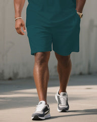 Big & Tall Men Dark Green & Fluorescent Blue Gradient Contrast Crewneck Short Sleeve T-shirt Shorts Suit