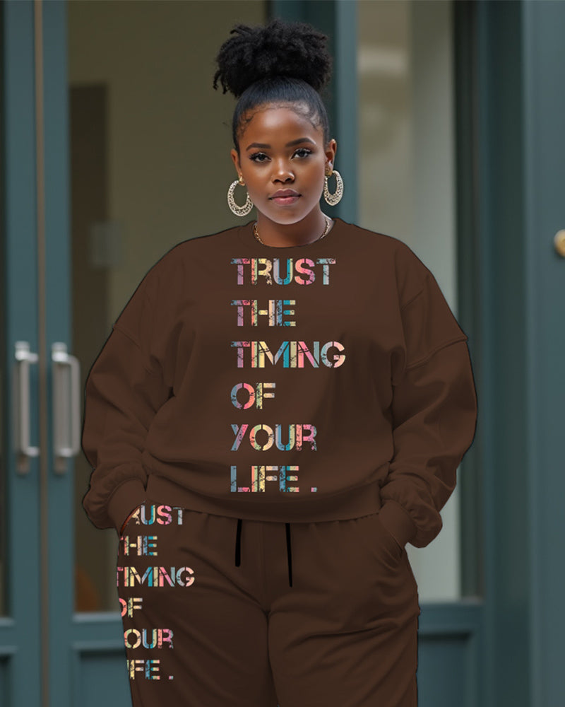 Women's Plus Size Letter Printing Long Sleeve Sweatshirt and  Casual Pants Set