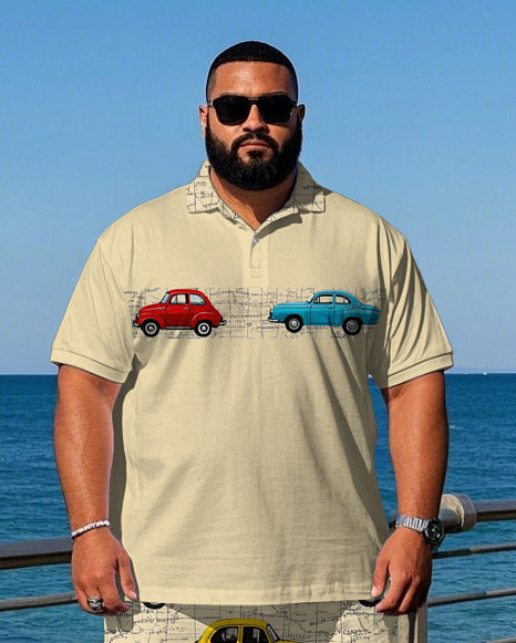 Men's Street Style Artistic Cartoon Car Printed Big & Tall Short Sleeve Polo Shirt Shorts Set