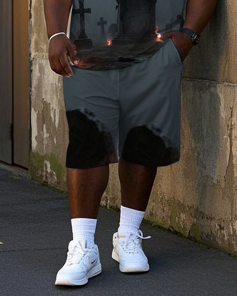 Big Men's Bear In Cemetery Gothic Printed Short Sleeve T-Shirt Shorts 2-piece Set