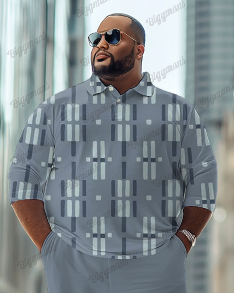 Simple Geometric Long Sleeve Lel Polo Long Sleeve 2-Piece Set Men's Plus Size