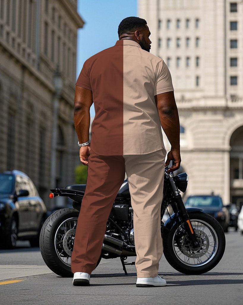 Men's Plus Size Casual & Khaki & Brown Colorblock Short Sleeve Shirt Trousers Suit