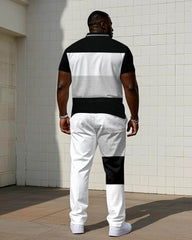 Black & White & Grey Classic Color-block Small Label Printed Short-sleeved POLO Trousers Suit Men's Plus Size