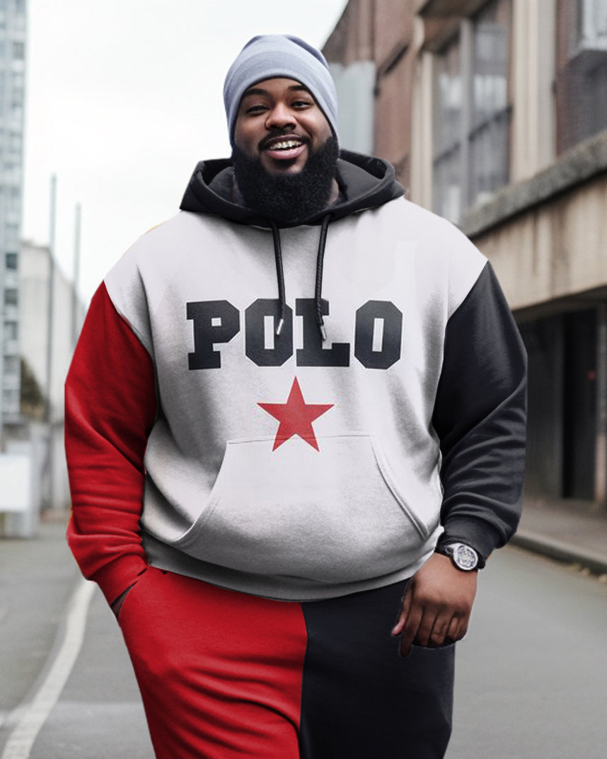 Men's Plus Size POLO Star Casual Sports Hoodie Long Sleeve Color Blocking Two Piece Set