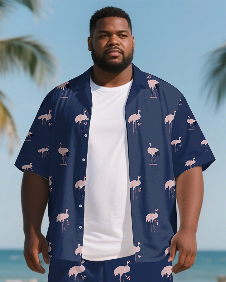 Men's Big and Tall Outdoor Hawaiian Style Crane Printed Short Sleeve Shirt Shorts 2-Piece Set