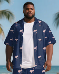 Men's Big and Tall Outdoor Hawaiian Style Crane Printed Short Sleeve Shirt Shorts 2-Piece Set