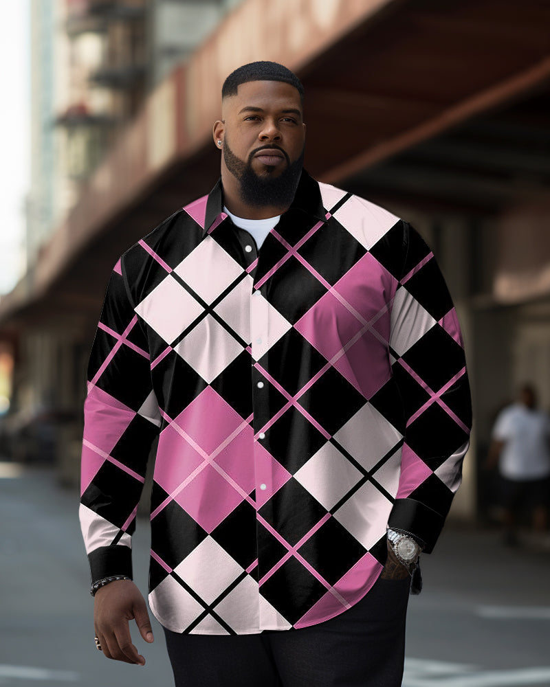 Big Men's Diamond Plaid Color Matching Long Sleeve Shirt