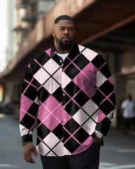Big Men's Diamond Plaid Color Matching Long Sleeve Shirt