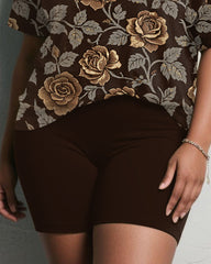 Women's Plus Size Daily Casual Retro Brown Rose Print Short Sleeve Shorts Suit
