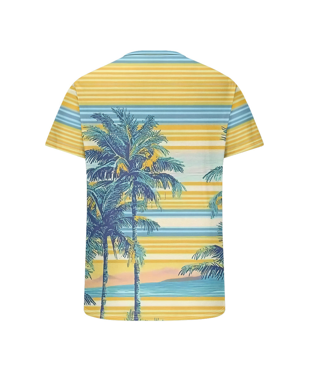 Men's Plus Size Daily Casual Yellow Striped Coconut Tree Print Henley Collar Button Short Sleeve T-Shirt