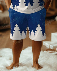 Men's Plus Size Christmas Blue Snowflake Christmas Tree Print T-Shirt Shorts Suit