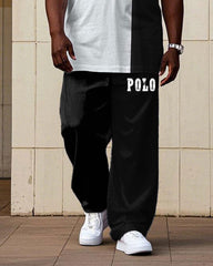 Men's Plus Size Casual White & Black Classic Color Matching Short-sleeved T-shirt Trousers Suit