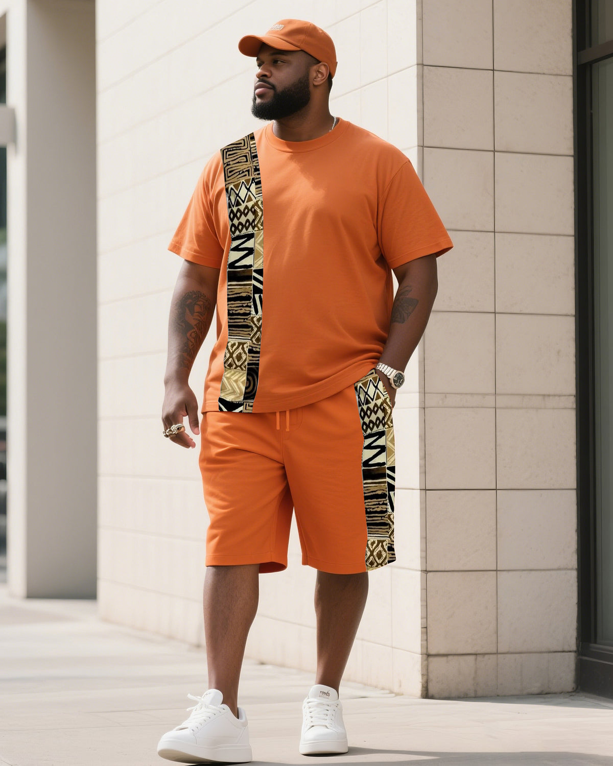Men's Plus Size Hermes Orange Creative Striped Polo English Print T-Shirt Shorts Suit