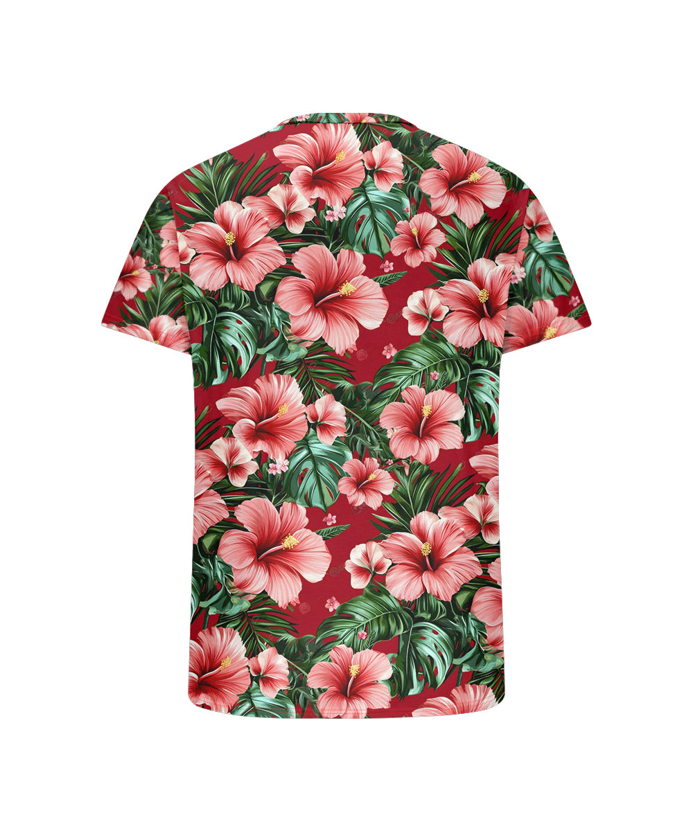 Men's Plus Size Hawaiian Red Floral Print Henry Collar Button Short Sleeve Tee