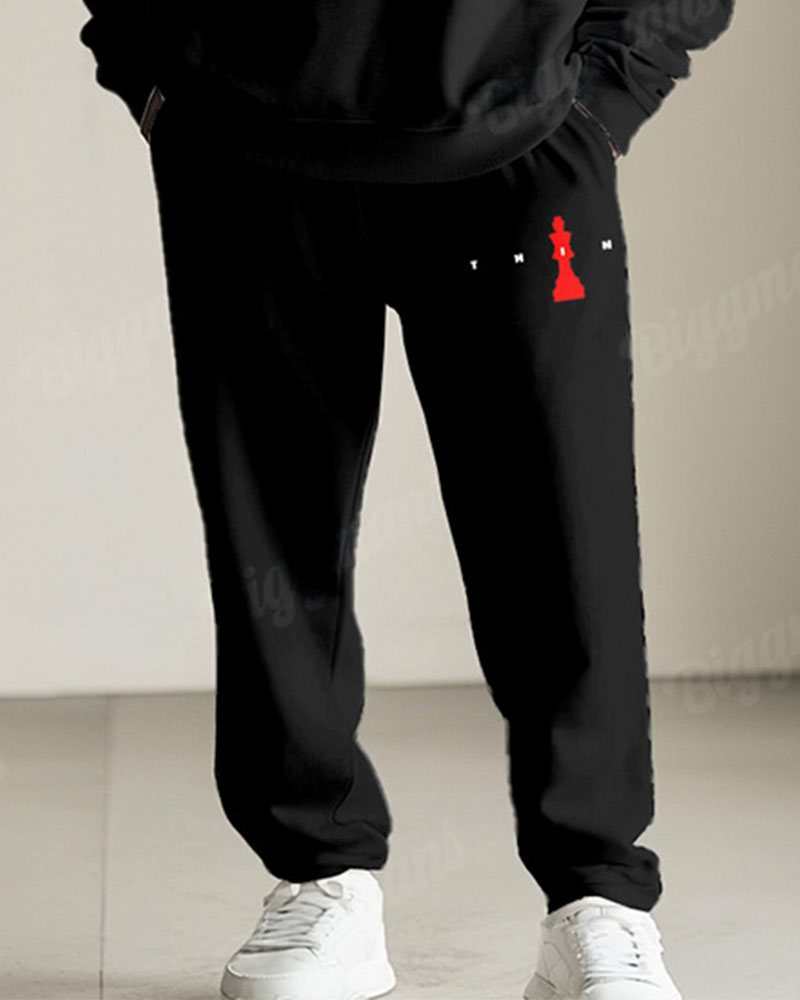 Men's Simple Black Think Letter Print Big & Tall Round Neck Sweatshirt Set