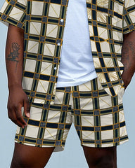 Big Men's Daily Casual Classic Metal Plaid Printed Short Sleeve Shirt and Shorts Set