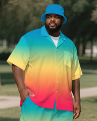 Big Men's Vibrant Sunshine Gradient Style Button-up Short-Sleeve Shirt Pants Sets