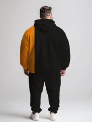 Men's Daily Casual All-Match Orange Colorblock Letter Print Plus Size Hoodie Suit