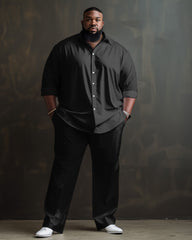 Solid Color Big Guys Long Sleeve Lapel Shirt and Pants Set