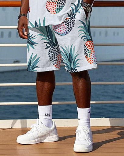 Big Men's Hawaiian Abstract Cartoon Pineapple Printed Cuban Collar Short Sleeve Shirt Shorts Set