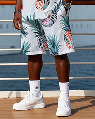 Big Men's Hawaiian Abstract Cartoon Pineapple Printed Cuban Collar Short Sleeve Shirt Shorts Set