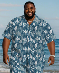 Men's Plus Size Hawaiian Hand Painted Blue Gesang Flower Leaf Print Shirt Shorts Suit