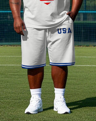 Big Men's USA Uniform Football Pattern Printed Round Neck Basketball Vest and Shorts Set