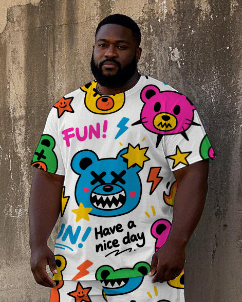 Big Men's Humor Bear Street Fashion Graffiti Style  Short Sleeve T-Shirt Shorts Set