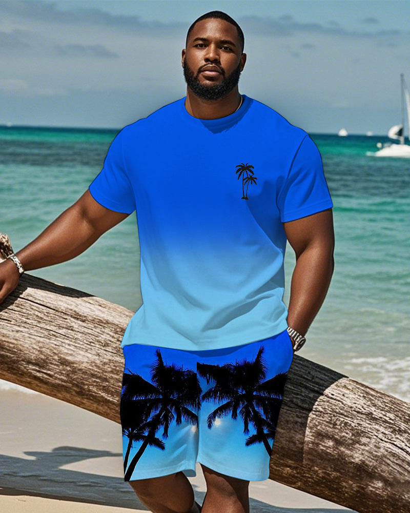 Men's Plus Size Hawaiian Gradient Blue Coconut Print Short Sleeve T-Shirt Shorts Suit