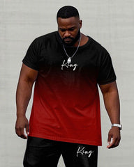 Men's Plus Size Red & Black Gradient Chest "king" Slogan Printed Short Sleeve T-shirt Pants Suit