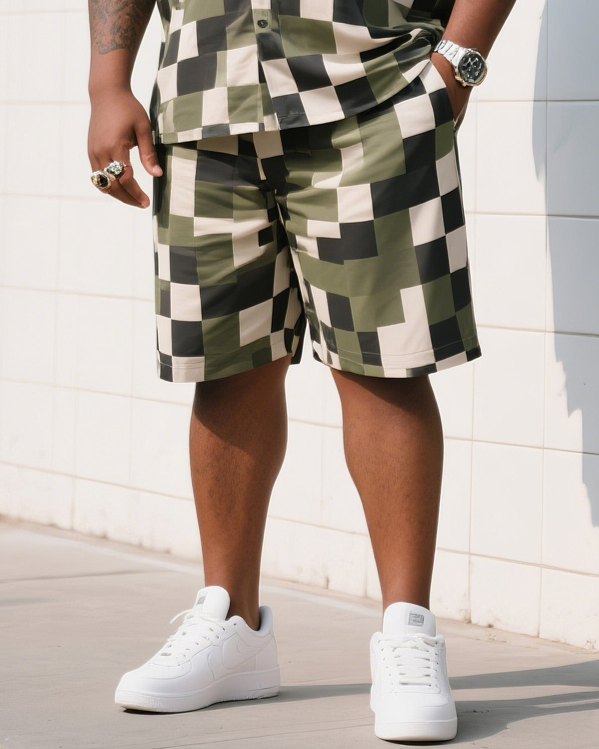 Big Man's Daily Leisure Outdoor Activities High Sense Creative Checkered Camouflage Short Sleeve Shirt Shorts Suit