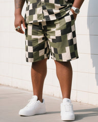 Big Man's Daily Leisure Outdoor Activities High Sense Creative Checkered Camouflage Short Sleeve Shirt Shorts Suit