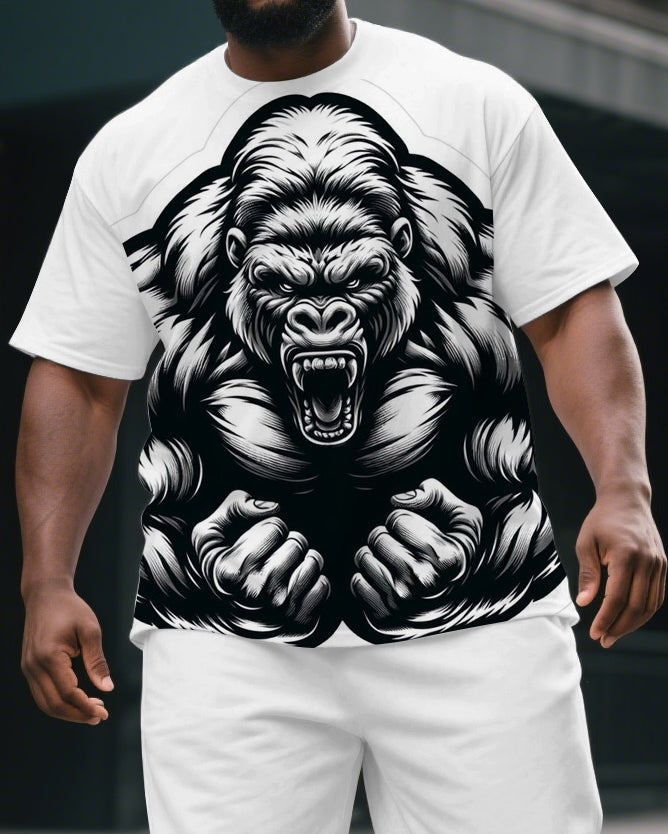 Men's Roaring Gorillas Cartoon Print Big & Tall Laid-back Short-Sleeve T-shirt & Short Set