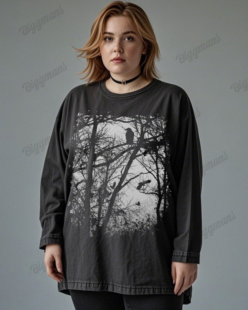 Dark Forest Print Wash Cotton Round Neck Long Sleeve Plus-size Top
