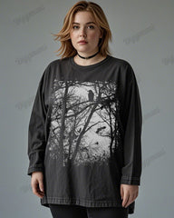 Dark Forest Print Wash Cotton Round Neck Long Sleeve Plus-size Top